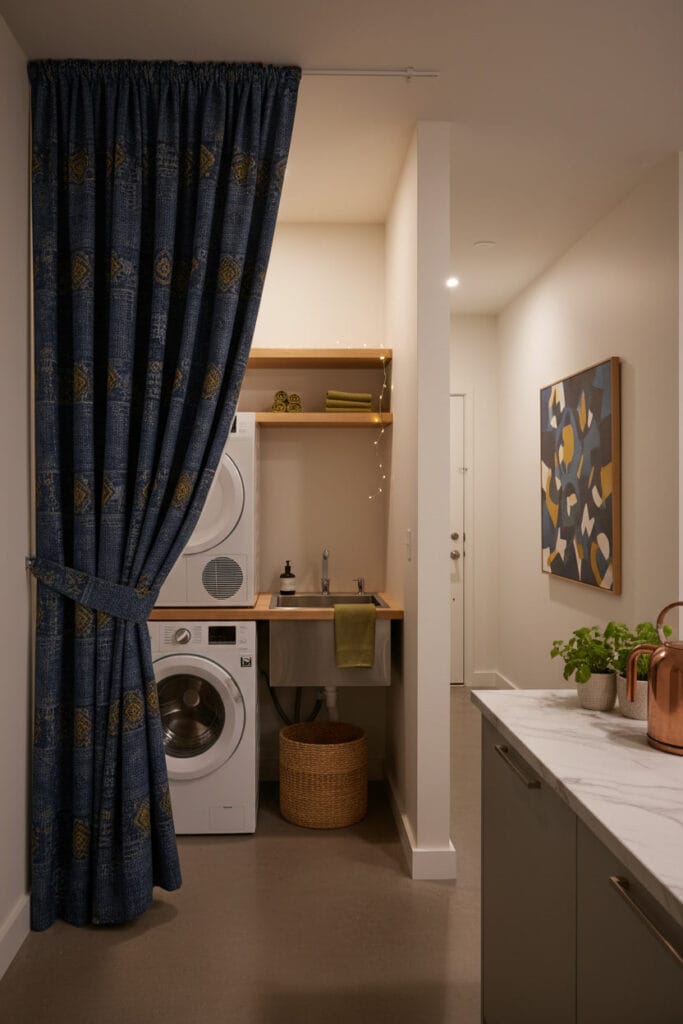 Buanderie dissimulée avec rideaux en tissu apportant une ambiance cosy