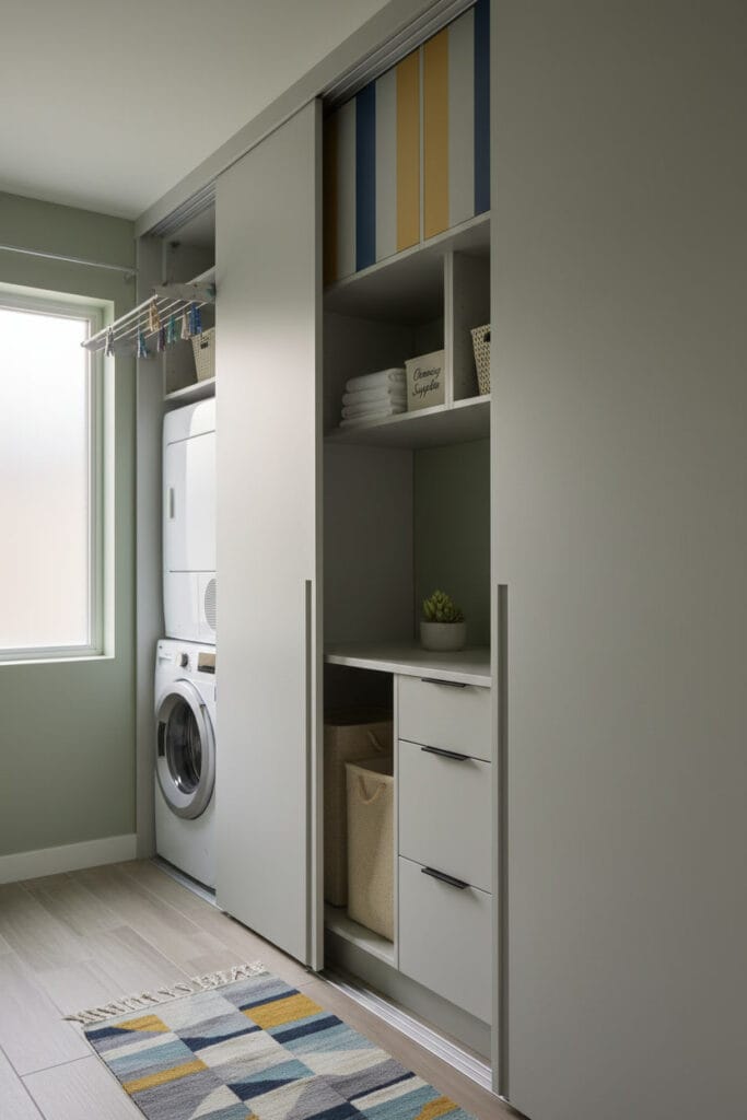 Buanderie organisée avec rangements fermés et armoires intégrées