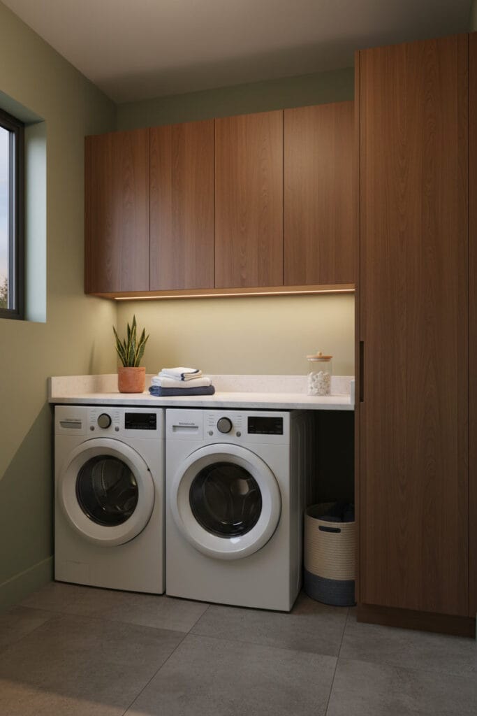 Caissons fermés installés au-dessus des machines dans une buanderie optimisée