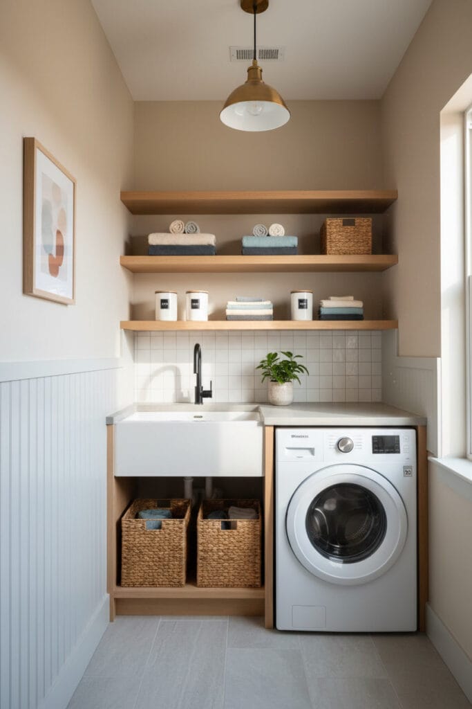 Buanderie lumineuse aux couleurs douces et matériaux chaleureux