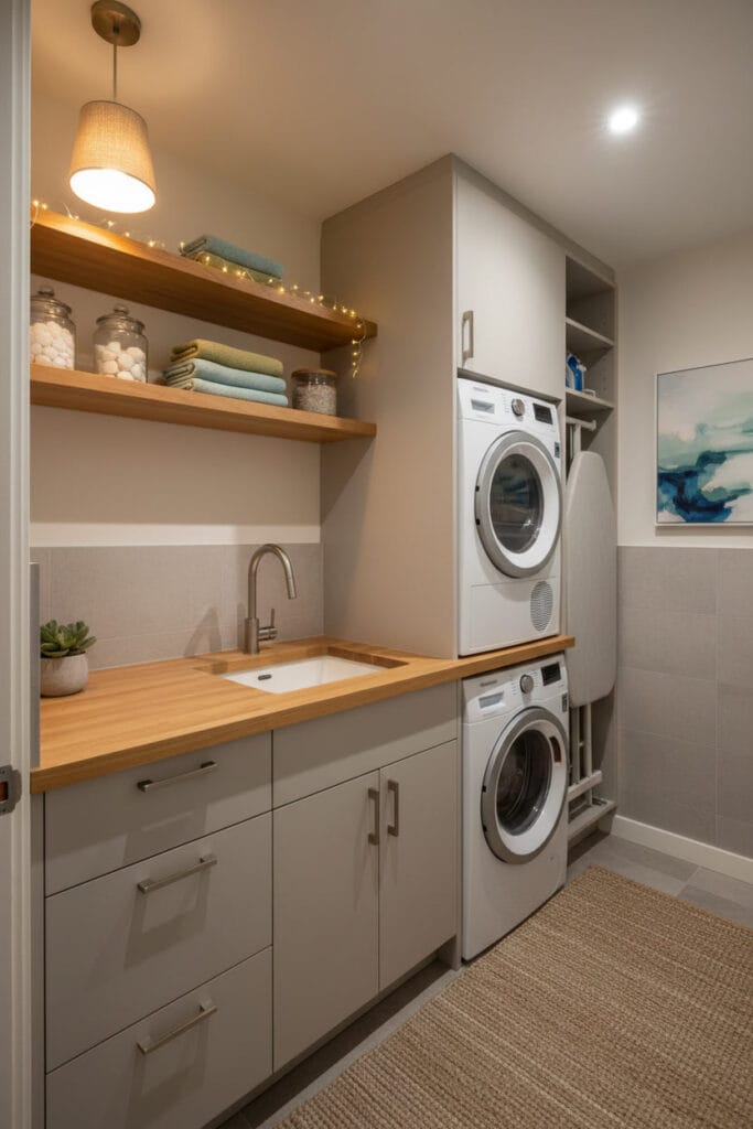 Buanderie cosy avec couleurs douces, bois clair et touches métalliques