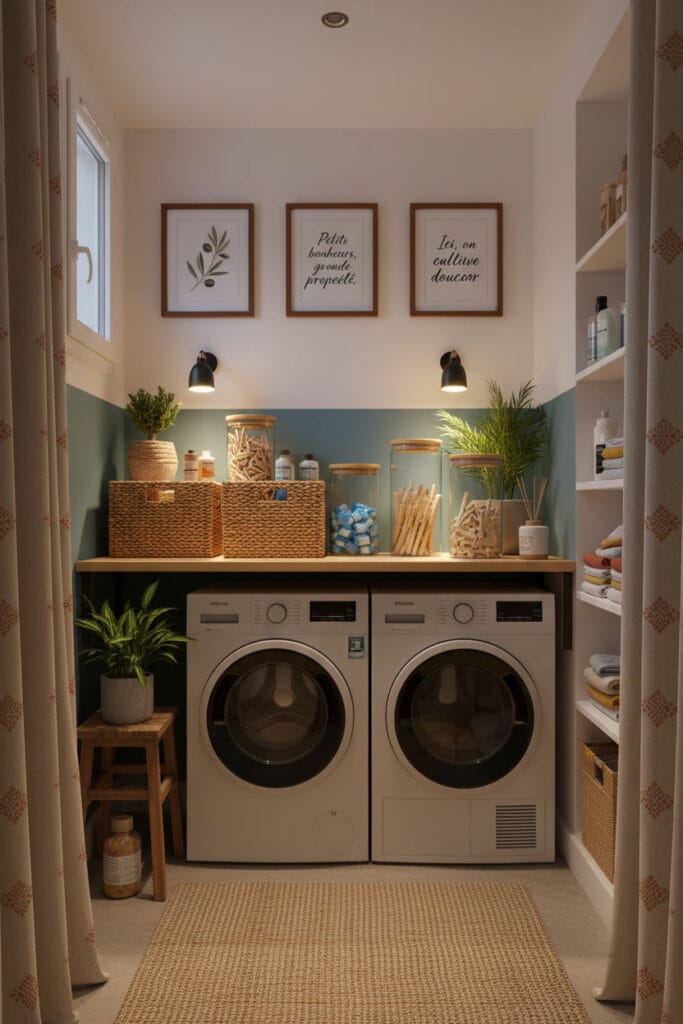 Buanderie décorée avec paniers en osier, plantes vertes et textiles naturels