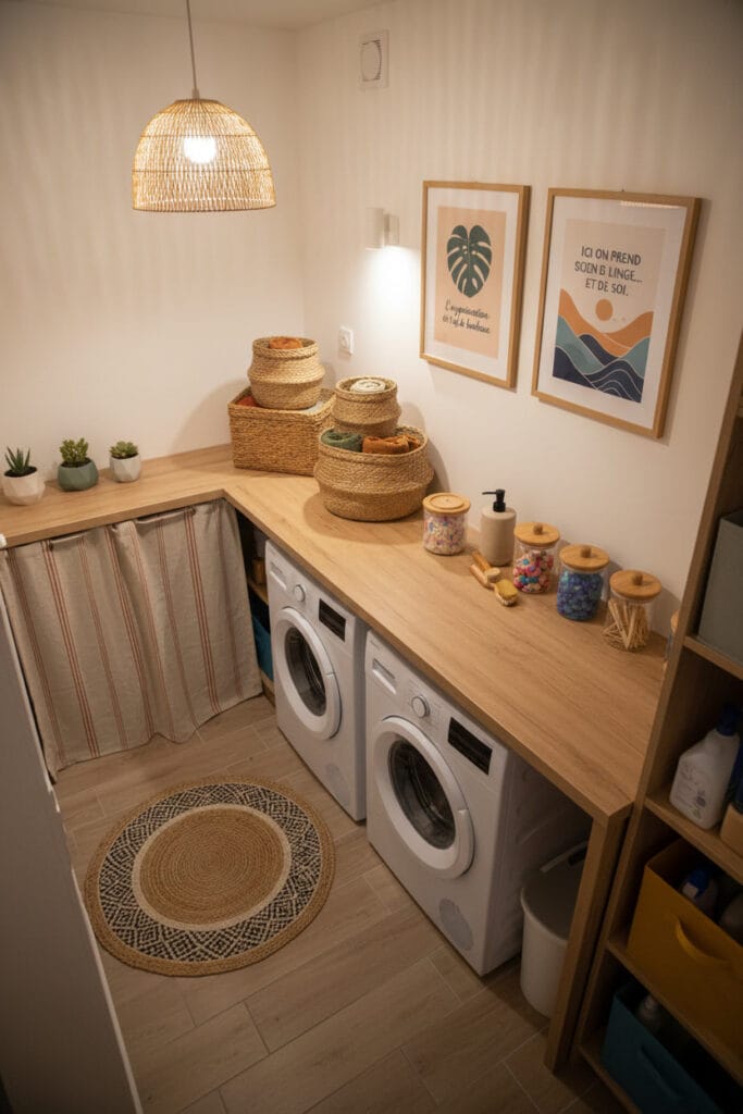 Buanderie organisée avec bocaux en verre, cadres et plantes décoratives