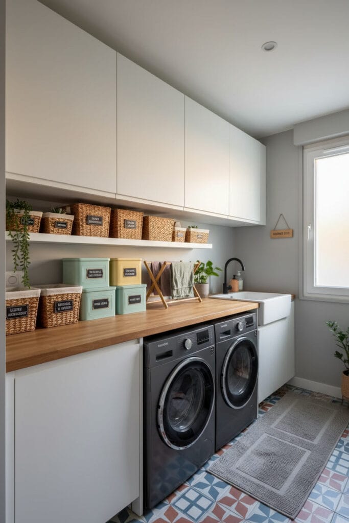 Buanderie sécurisée avec armoires fermées pour produits ménagers