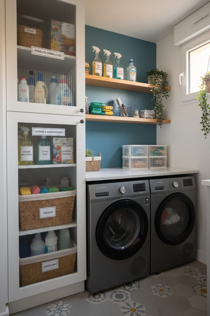 Buanderie organisée avec paniers et boîtes étiquetés pour produits ménagers