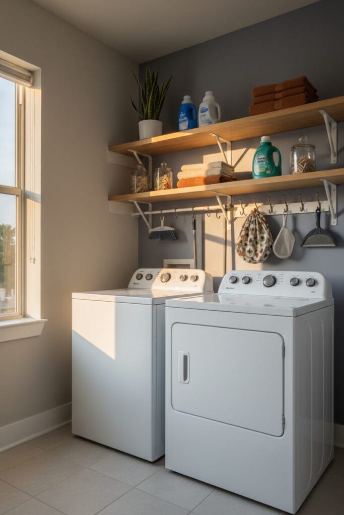 Buanderie pratique avec étagères, crochets et rangement suspendu