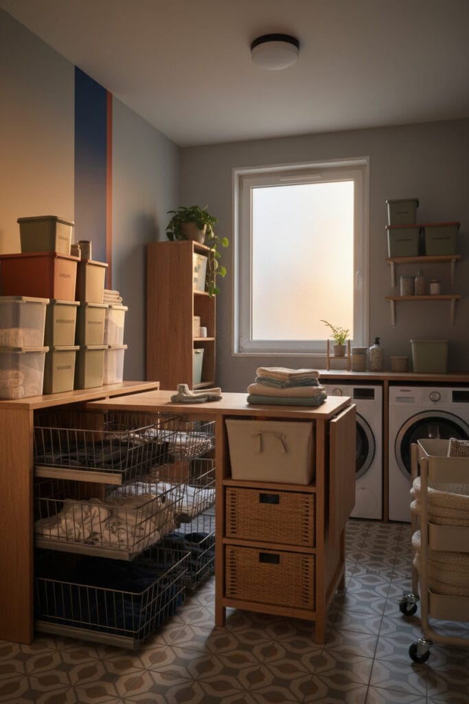 Buanderie ergonomique avec rangement modulable et meubles sur roulettes
