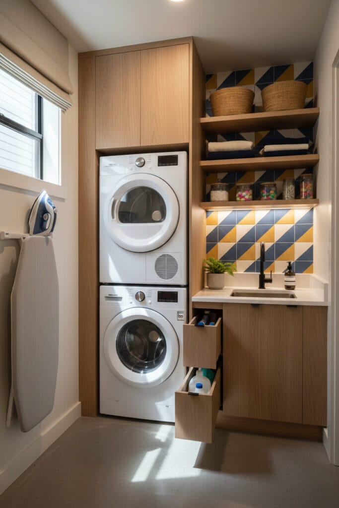 Buanderie compacte avec machine à laver et sèche-linge superposés pour optimiser l’espace