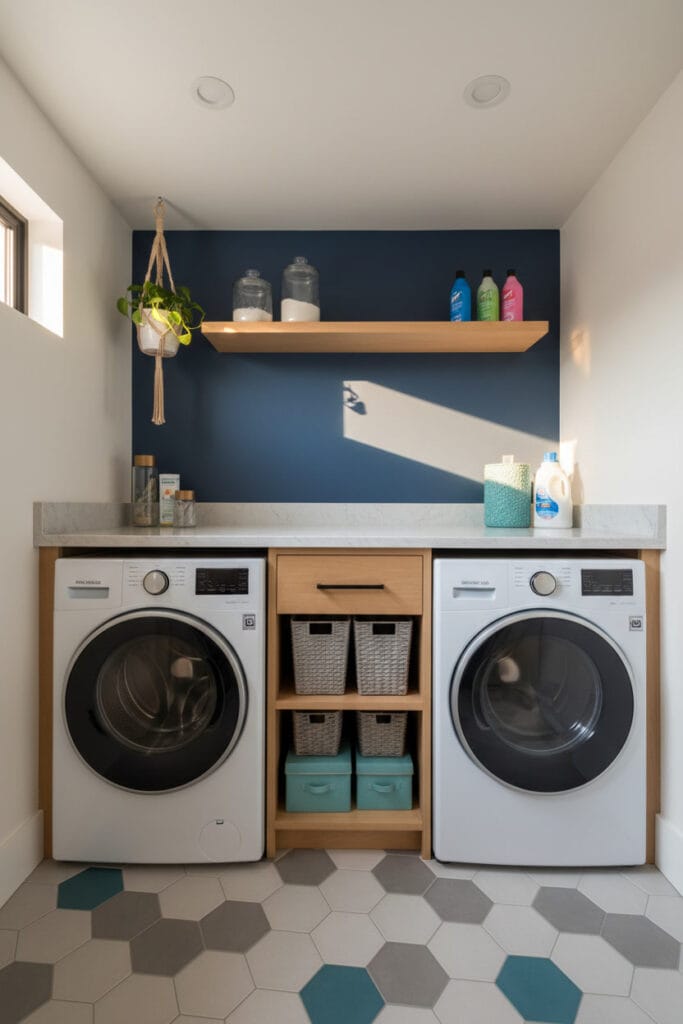 Buanderie organisée avec machines côte à côte, meuble bas et prises accessibles