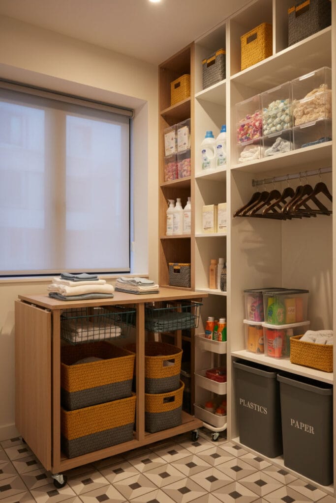 Buanderie bien organisée avec colonnes, tiroirs et paniers pour linge et produits