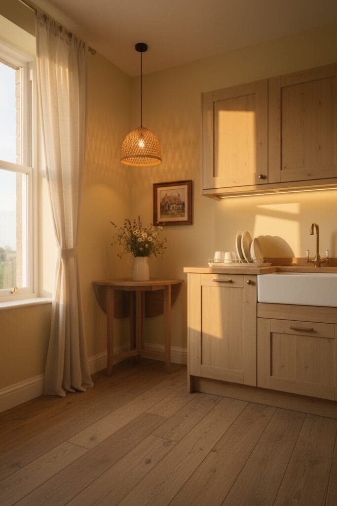 Petite Cuisine éclairée par la lumière naturelle du soir et un éclairage adapté (spots sous meuble, suspension)