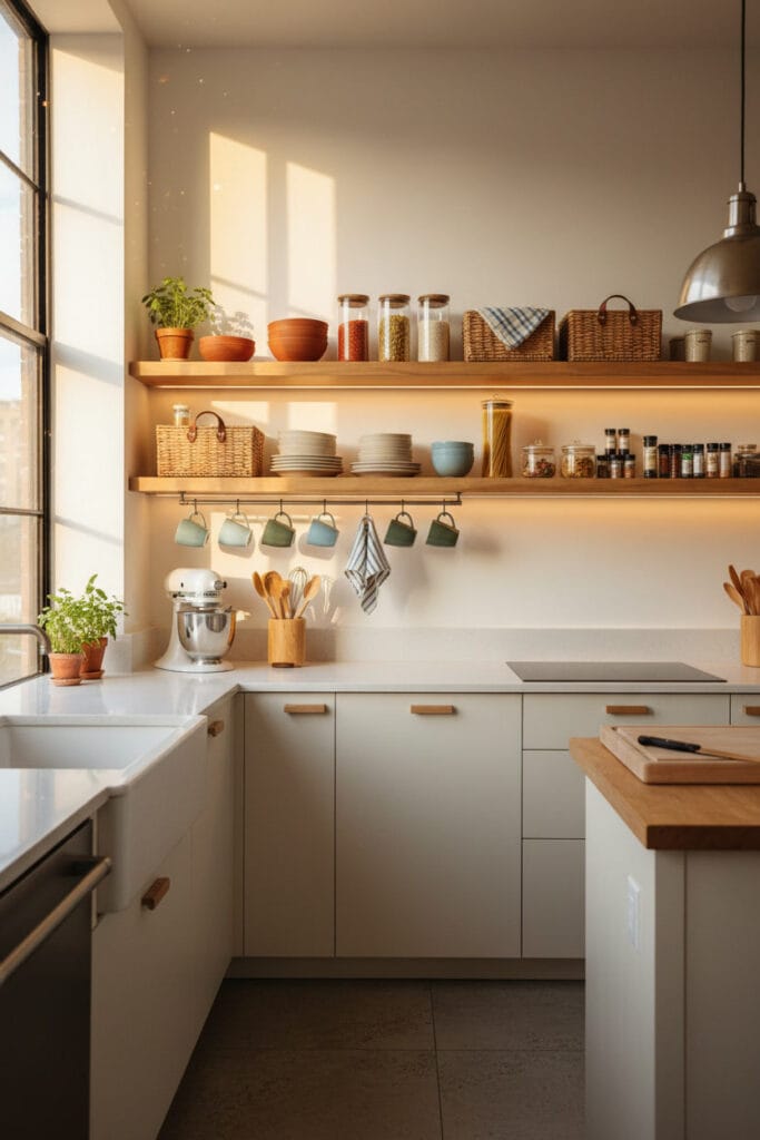 Cuisine cosy avec étagères ouvertes en bois naturel, bocaux en verre, paniers en osier, accessoires colorés et ambiance chaleureuse de fin de journée.