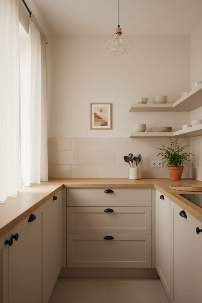 Petite Cuisine aux couleurs claires et matériaux naturels : bois clair, pierre et contrastes subtils