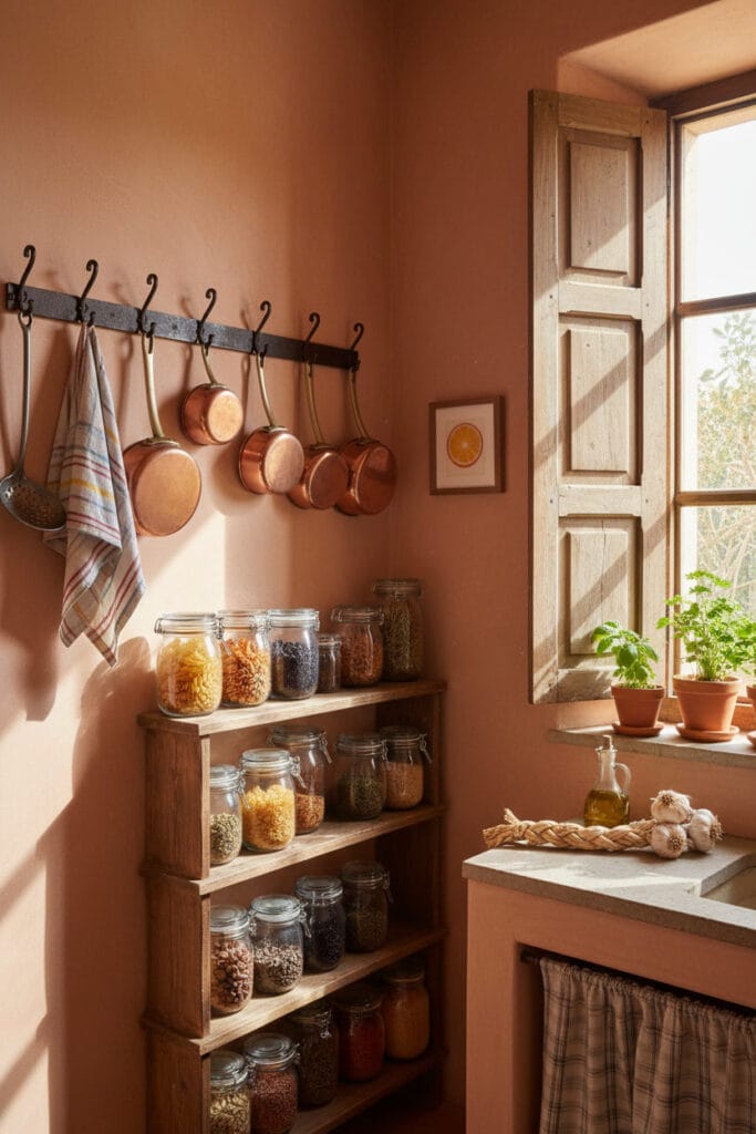 Petite Cuisine méditerranéenne avec accessoires déco fonctionnels : crochets, bocaux en verre et plantes aromatiques