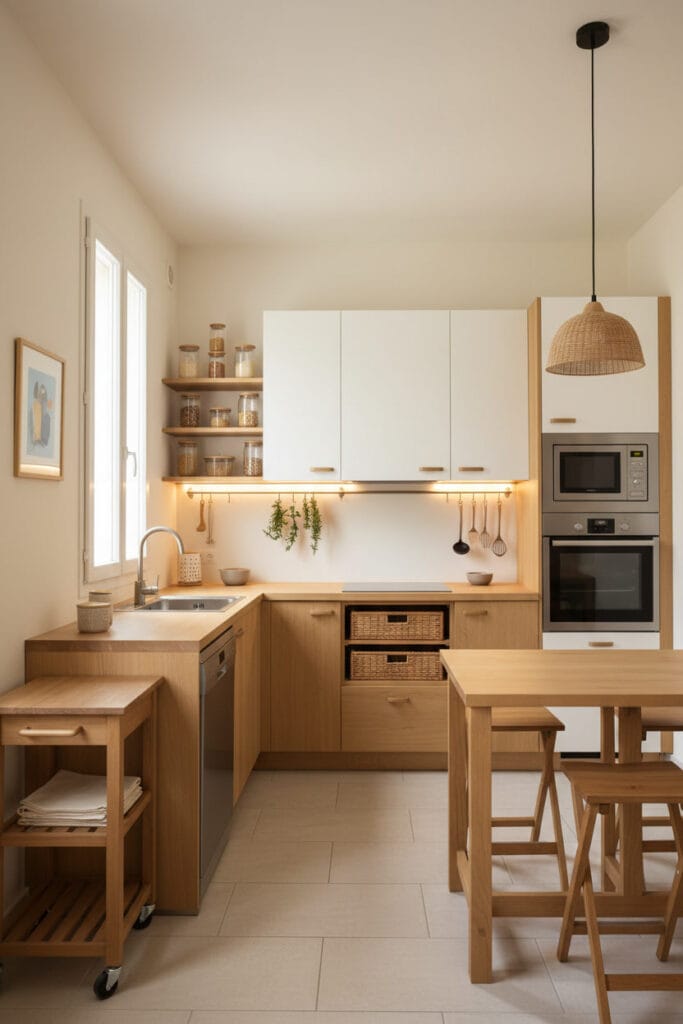 Petite Cuisine parfaitement aménagée avec électroménagers intégrés, solutions mobiles et rangements modulables dans un style cosy moderne
