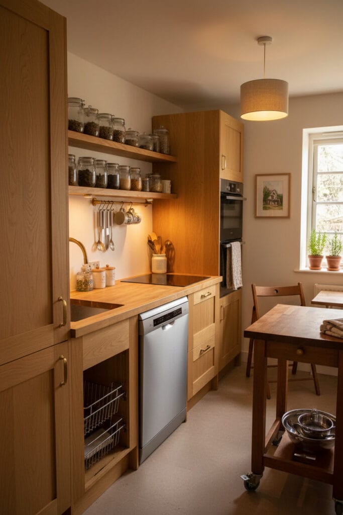 Aménagement linéaire dans une Petite Cuisine avec électroménagers encastrés et mobilier flexible, style cosy et texturé