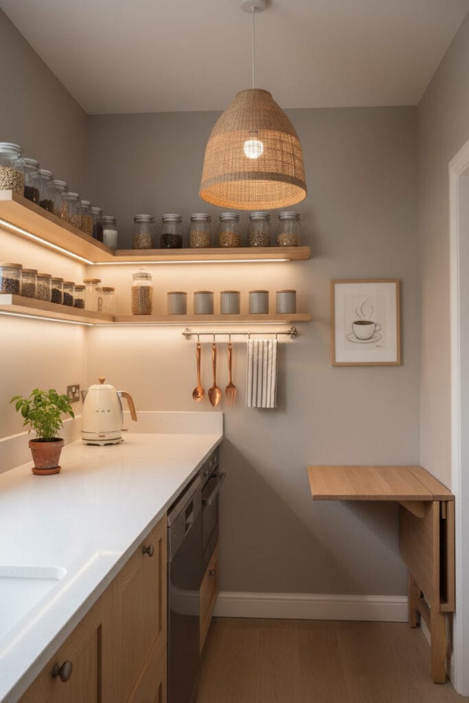 Petite Cuisine linéaire parfaitement organisée et équilibrée dans une ambiance cocooning douce