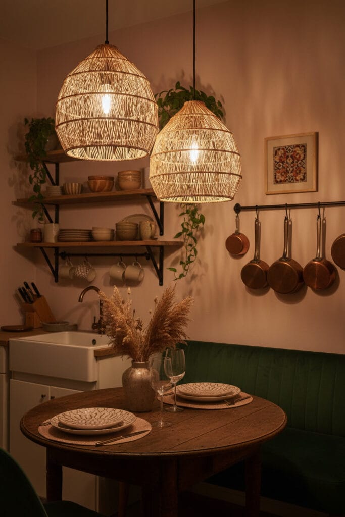 Deco Cuisine bohème avec suspensions en rotin au-dessus d'une table dressée, éclairage chaud et ambiance de soirée romantique.