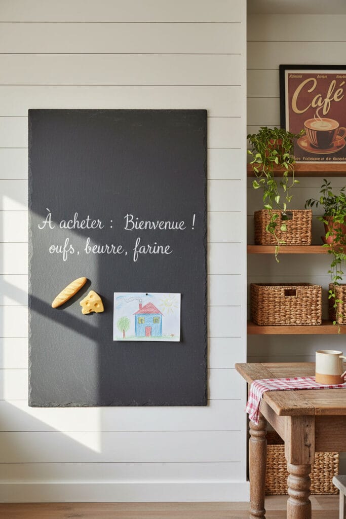 Deco Cuisine campagnarde avec mur d'ardoise dans un lambris, affichant une liste de courses