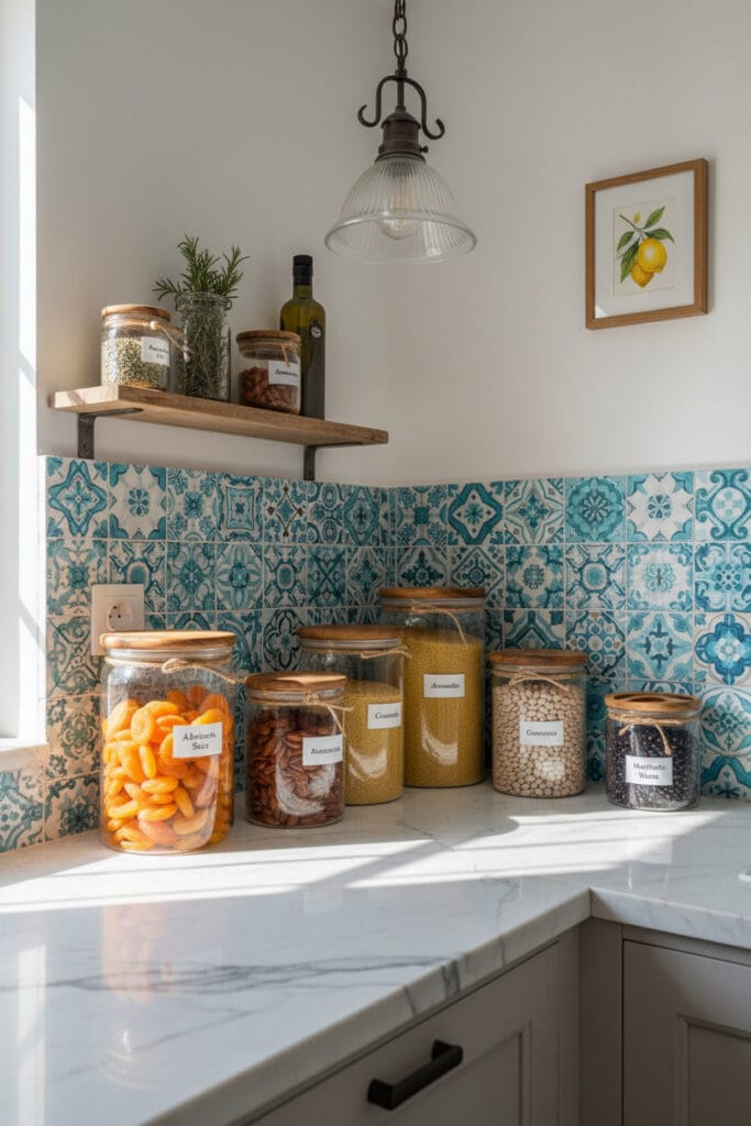 Deco Cuisine méditerranéenne avec bocaux en verre sur un plan de travail en marbre et carrelage turquoise