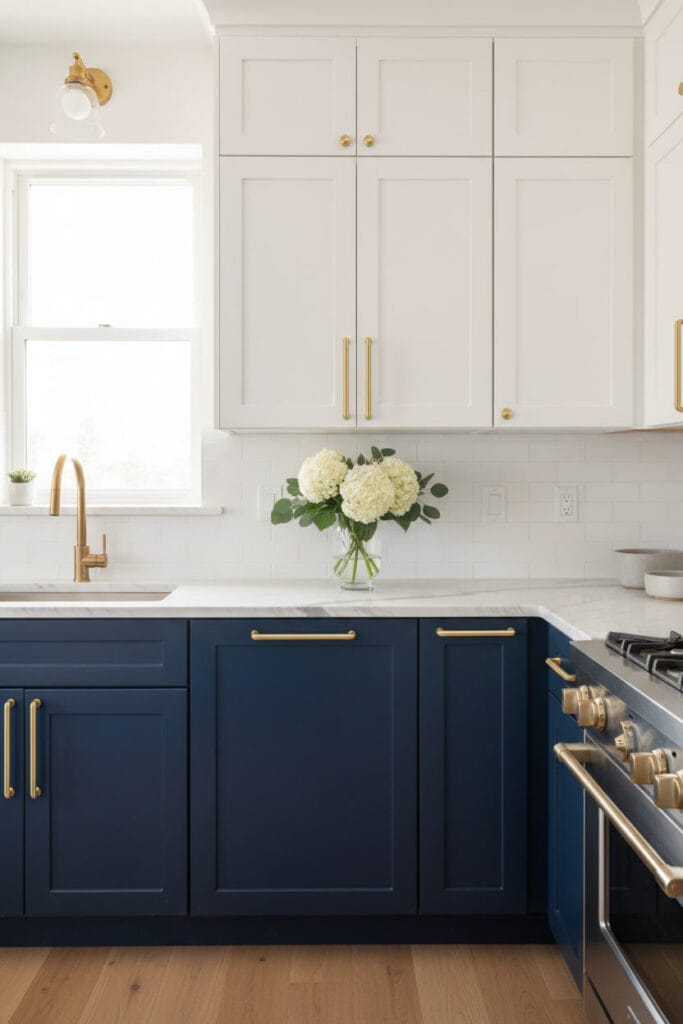 Deco Cuisine classique moderne avec meubles bleu marine et blanc équipés de belles poignées en laiton longues et arrondies.