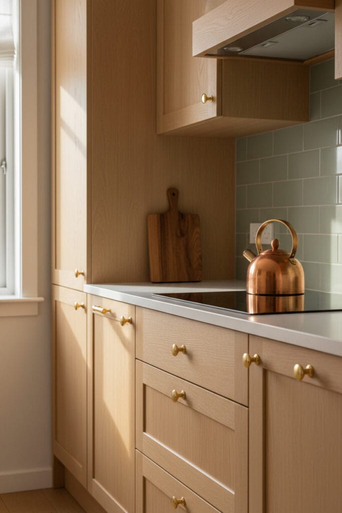 Deco Cuisine scandinave avec meubles en chêne clair équipés de poignées et boutons ronds en laiton, dosseret vert sage.