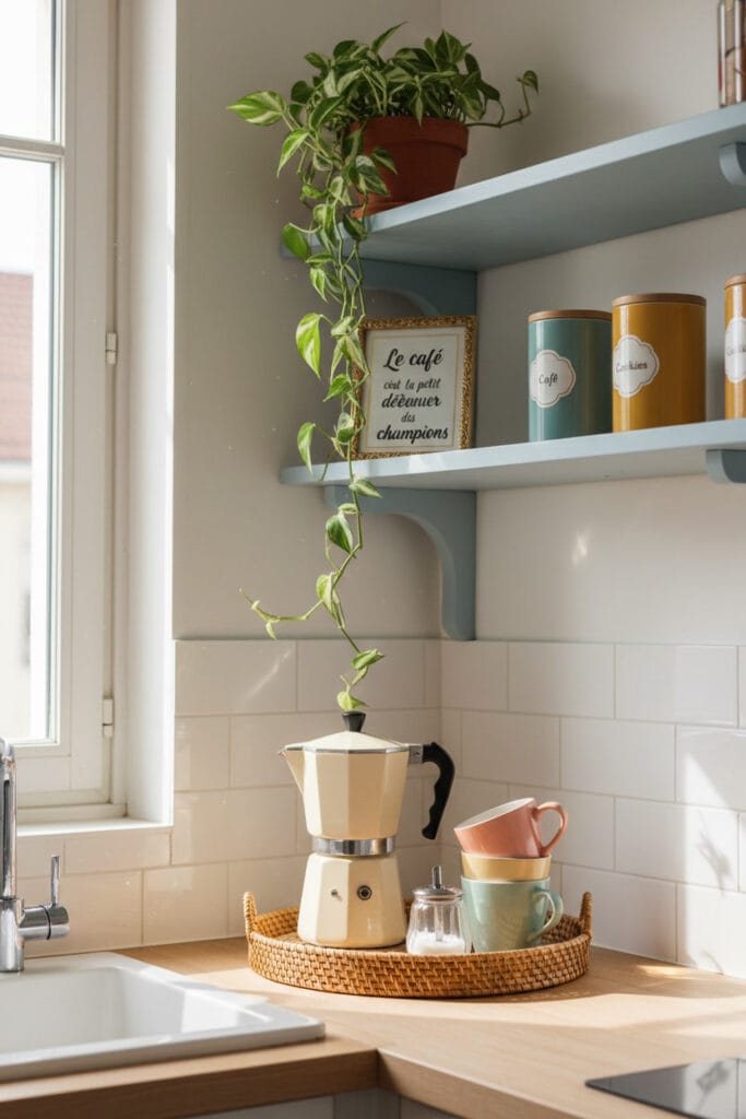 Deco Cuisine rétro avec un coin café coloré sur étagère bleu pastel, cafetière vintage et mugs assortis.