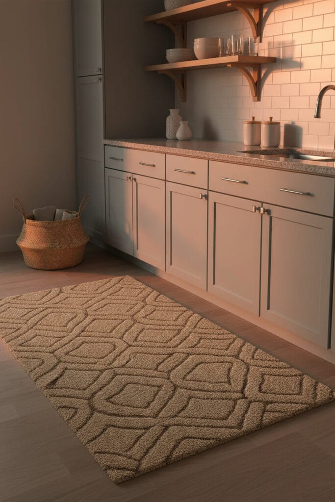 Deco Cuisine style côtier avec un grand tapis lavable beige texturé placé devant des meubles bleu-gris, ambiance crépuscule.