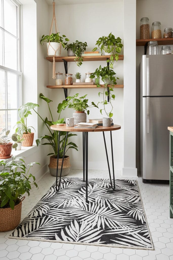 Deco Cuisine urban jungle avec un tapis lavable noir et blanc à motif feuilles tropicales sous une table petit-déjeuner, plantes vertes.