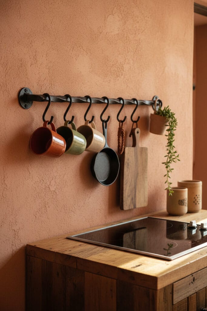 Deco Cuisine style Sud-Ouest avec une barre murale en fer forgé supportant des mugs en céramique et ustensiles sur un mur terracotta.