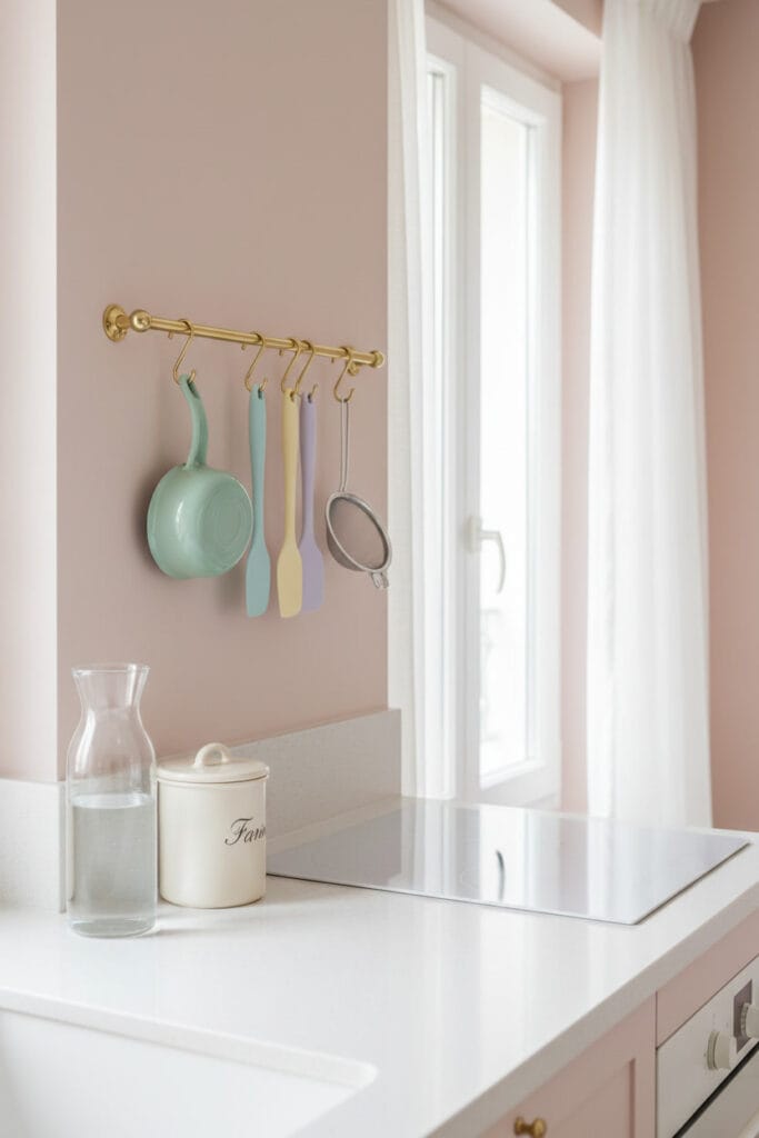 Deco Cuisine moderne pastel avec une barre murale laiton supportant une casserole verte et ustensiles sur un mur rose blush.