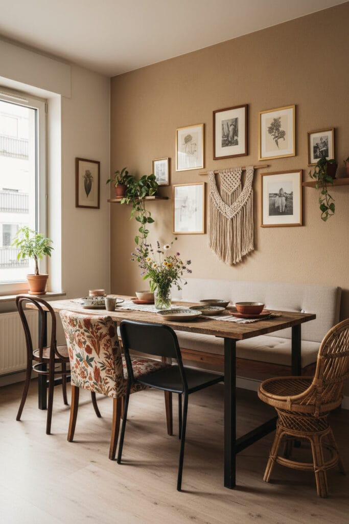 Deco Cuisine éclectique bohème avec une table en bois entourée de chaises mélangées (bois, métal, tissu, rotin) et d'un banc.