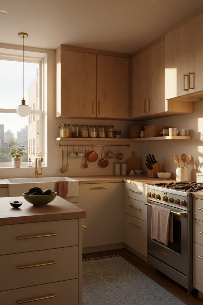 Cuisine cosy avec meubles en bois clair et façades mates, poignées en laiton élégantes, éclairage doux de fin de journée et touches de couleurs contrastantes dans la décoration et les accessoires.