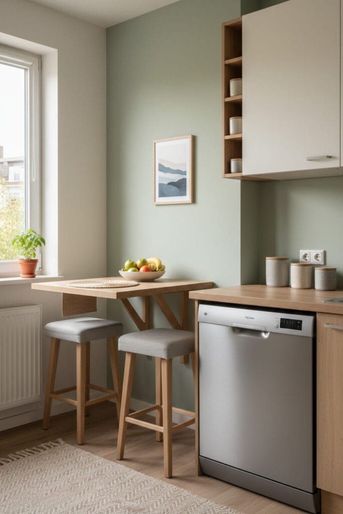 Petite Cuisine fonctionnelle avec table pliante, tabourets empilables et lave-vaisselle compact