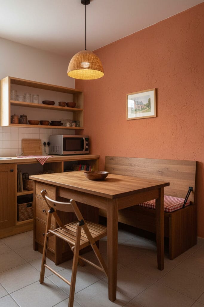 une Petite Cuisine avec banquette à rangement, table à tiroirs et four combiné micro-ondes
