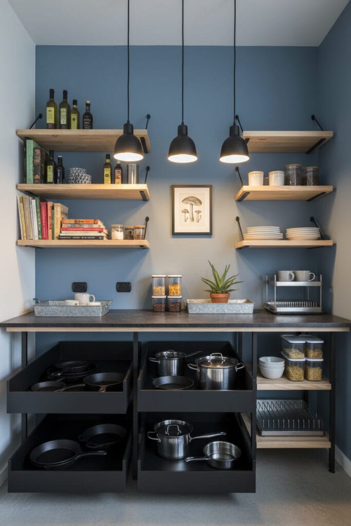 Petite Cuisine avec rangements modulables : étagères réglables, paniers coulissants et contenants empilables