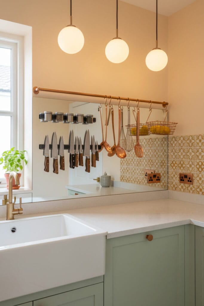 Petite Cuisine avec crédence astucieuse : miroir amplificateur, bande aimantée et rangements suspendus