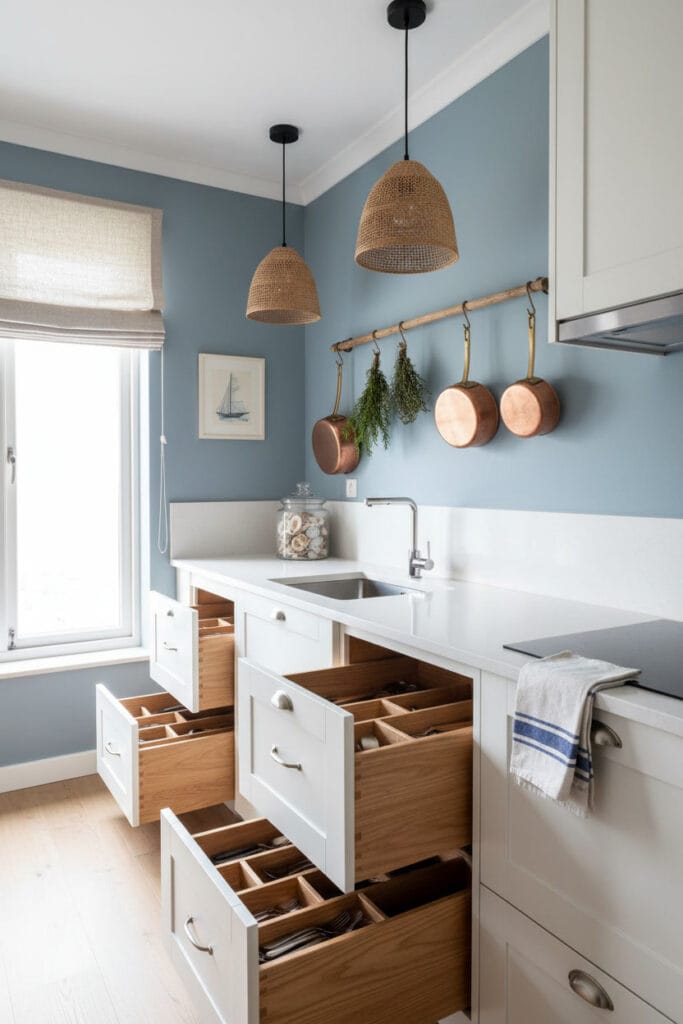 Petite Cuisine avec aménagement linéaire et rangements optimisés, style cosy côtier