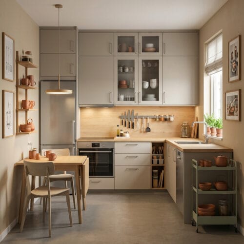 Aménagement pour petite cuisine fonctionnel et cosy.