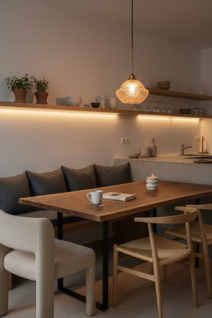Deco Cuisine moderne organique le soir, avec table en bois, chaises en bouclé et cannage, et banquette, éclairée par une lumière douce.