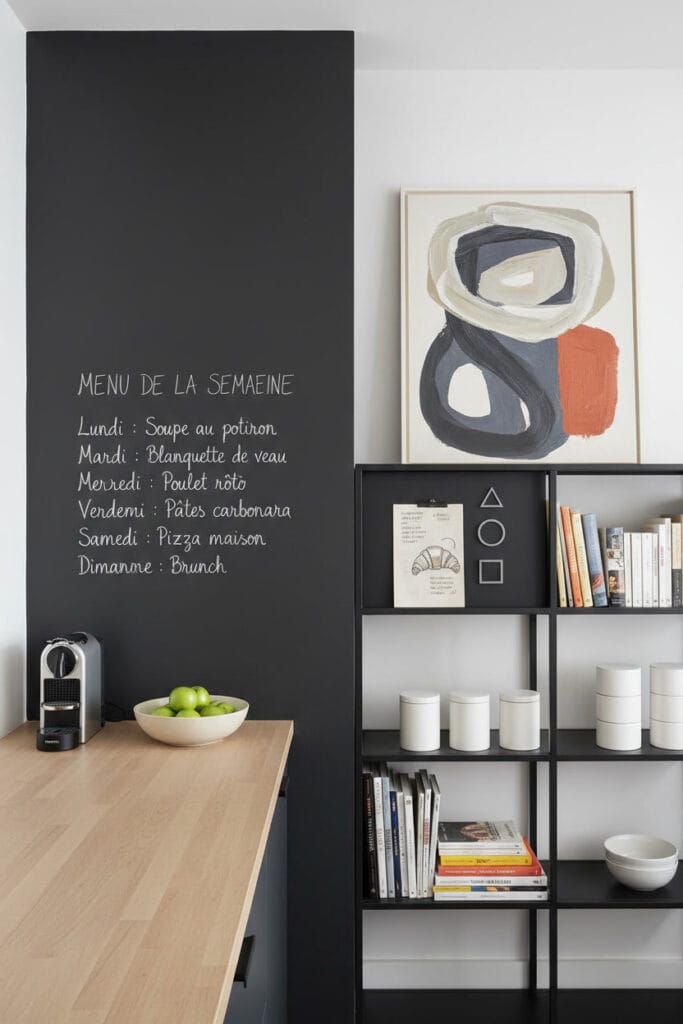 Deco Cuisine moderne avec grand mur d'ardoise affichant un menu et une recette en français, étagères métal et tableau abstrait.