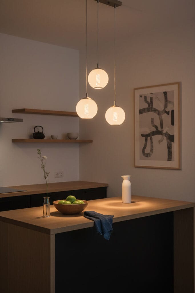 Deco Cuisine minimaliste avec suspensions en verre à différentes hauteurs au-dessus d'un îlot en bois, ambiance soirée apaisante.