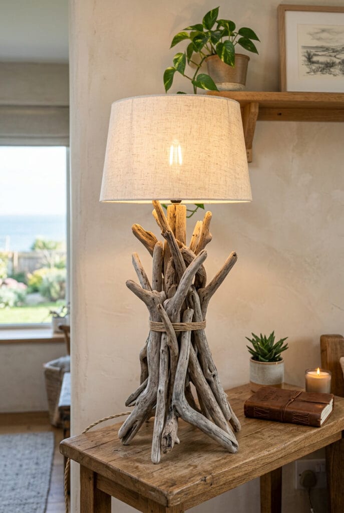 Lampe DIY en bois flotté posée dans un intérieur naturel et cosy