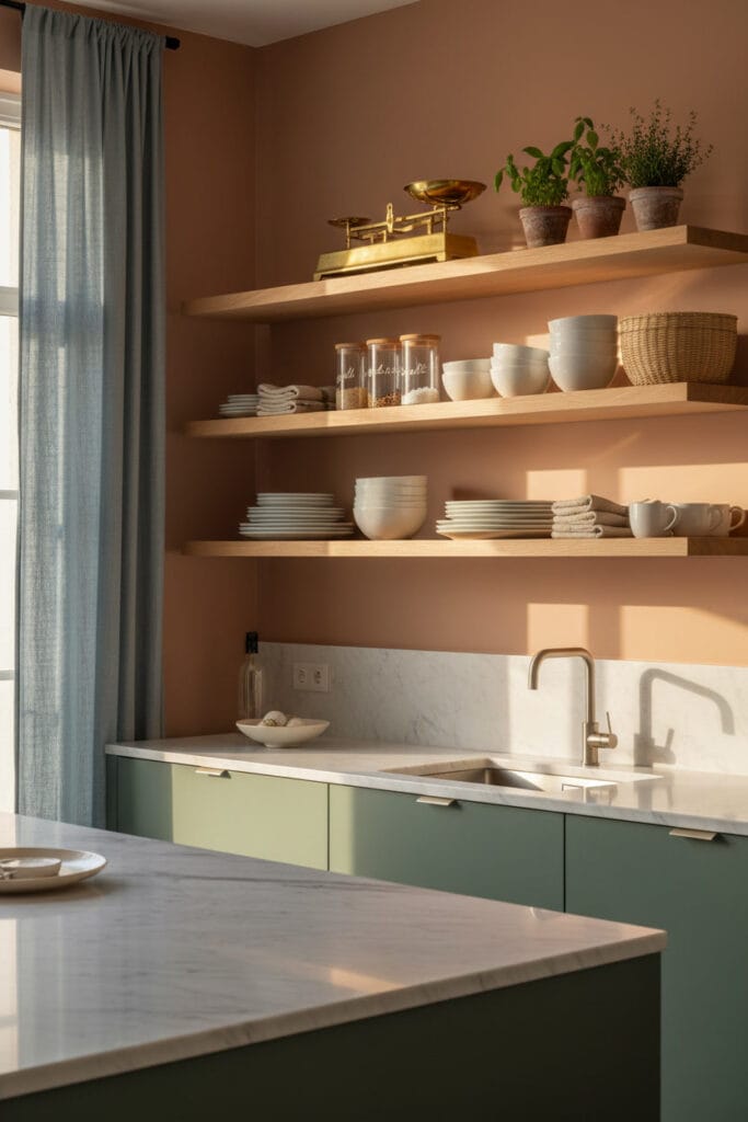 Deco Cuisine spacieuse avec îlot, étagères ouvertes en bois organisées et touches de couleur terracotta et sage.