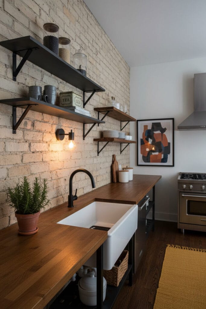 Deco Cuisine industrielle avec étagères métal noir, îlot en bois, et touches de couleur moutarde et bleu.