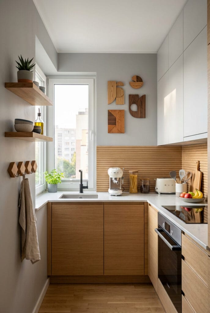 Mur en bois traité et protégé dans une cuisine ou salle de bain cosy