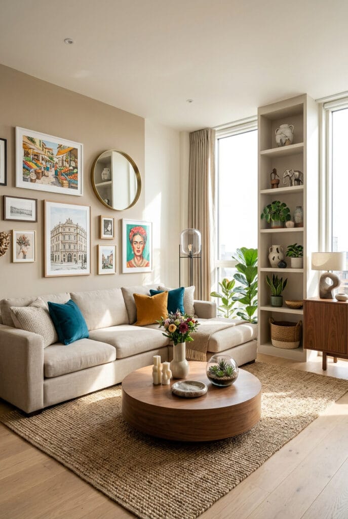 Décoration appartement avec tons neutres beige blanc cassé et gris clair pour une ambiance apaisante intemporelle et lumineuse