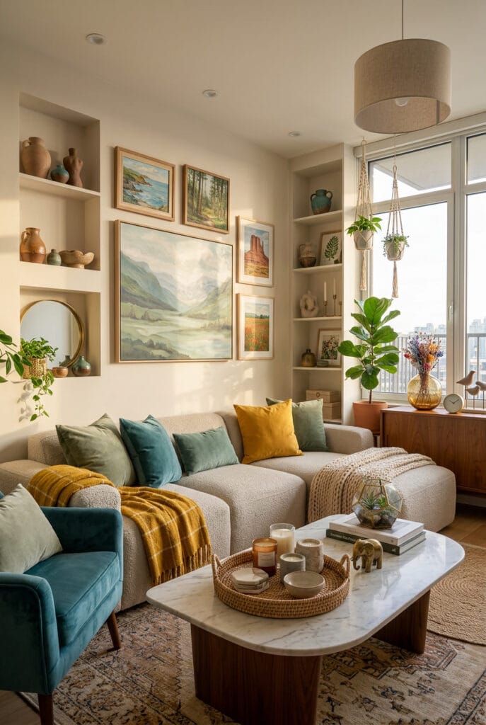 Décoration appartement avec accents colorés coussins vifs plaid jaune moutarde et tableaux graphiques sur fond neutre