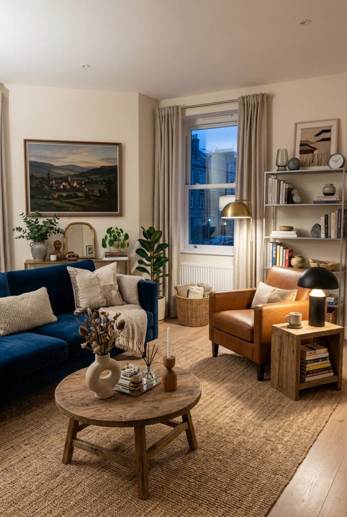 Décoration appartement avec contrastes de textures canapé en velours tapis en jute bois vieilli et métal pour un espace riche et équilibré