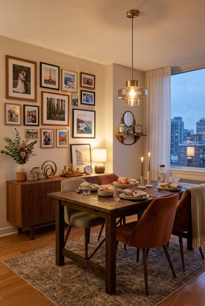 Décoration appartement avec cadres photos souvenirs de voyage et objets vintage chinés pour un intérieur personnel et chaleureux